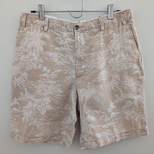 LANDS' END Linen Shorts MENS Waist 34 M/ L Tropical Print Sand Tan Hawaii Summer